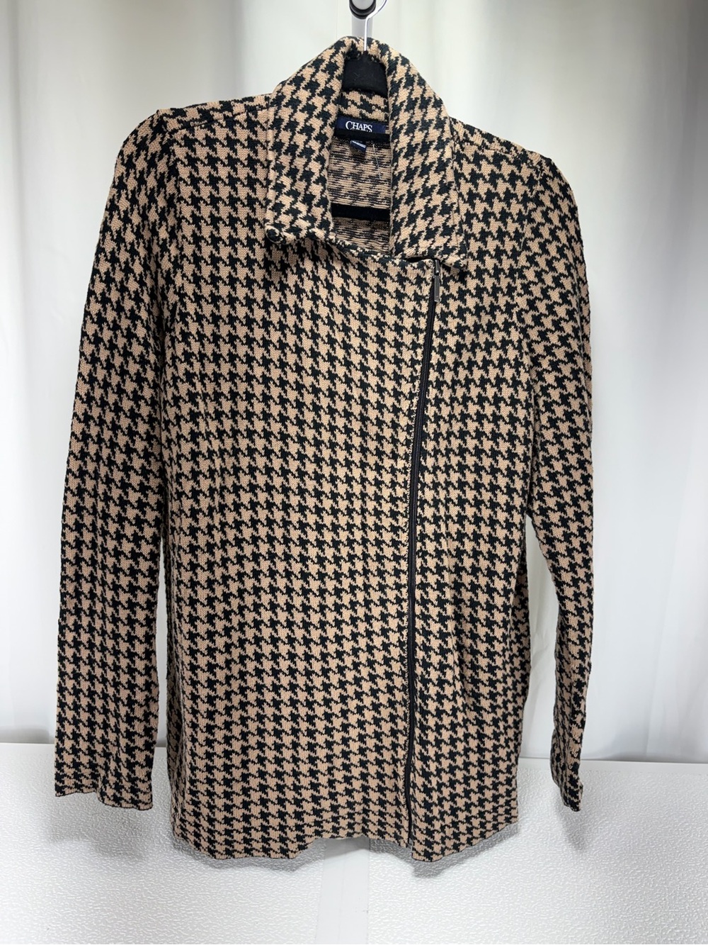 Chaps Black and Tan Houndstooth Zip Blazer Jacket 4689